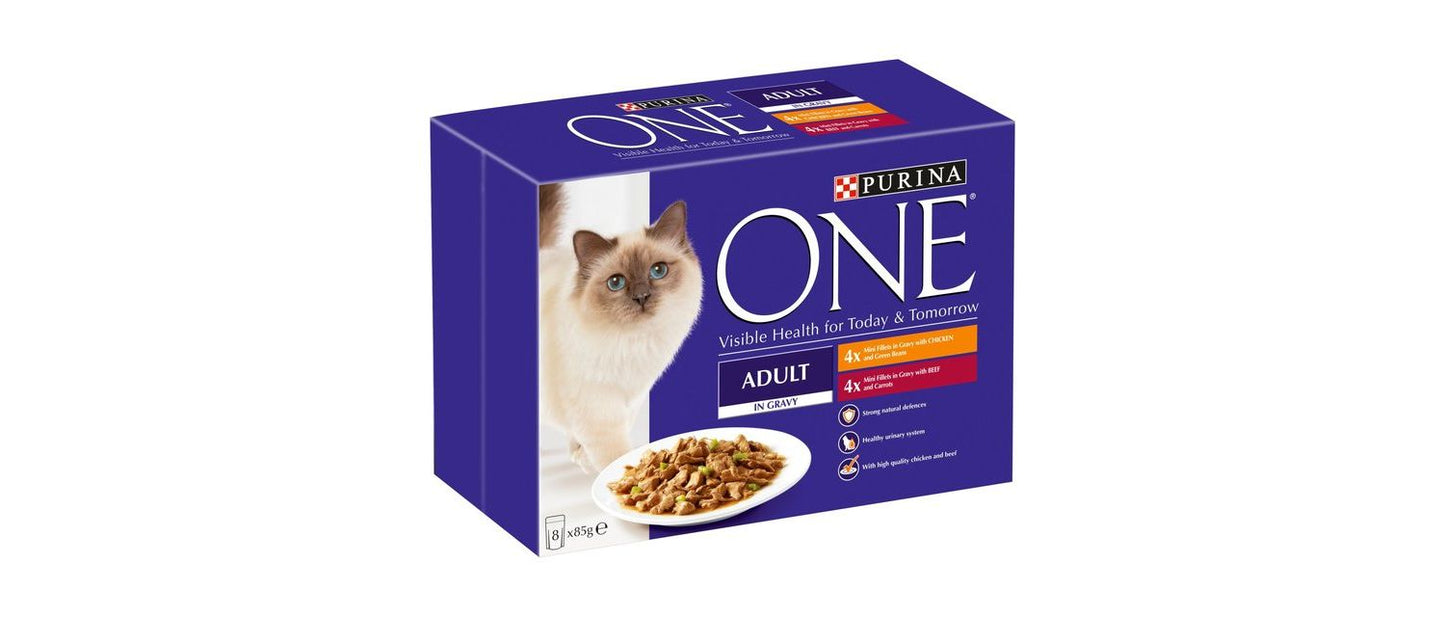 40 X Purina One Adult Mini Fillets In Gravy Chicken & Beef 85g