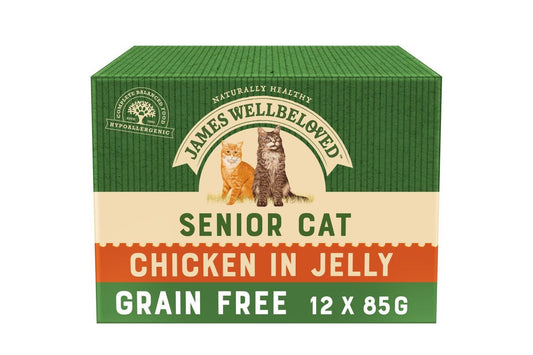  12 X James Wellbeloved Senior Cat Food Grain Free Pouches With Chicken In Jelly 85g