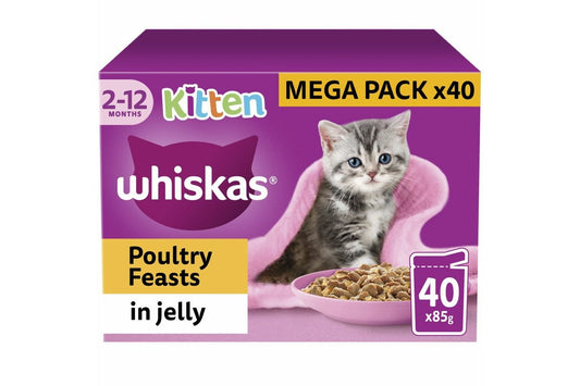  40 X Whiskas Kitten 2-12 Months Poultry Feasts Wet Cat Food Pouches In Jelly 85g