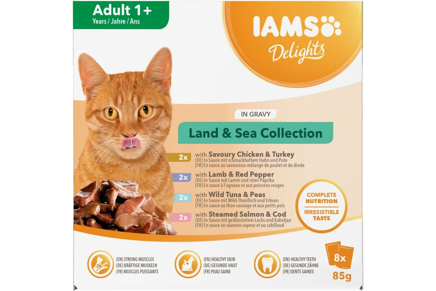  8 X Iams Delights Adult Cat Food Land & Sea Collection In Gravy 85g