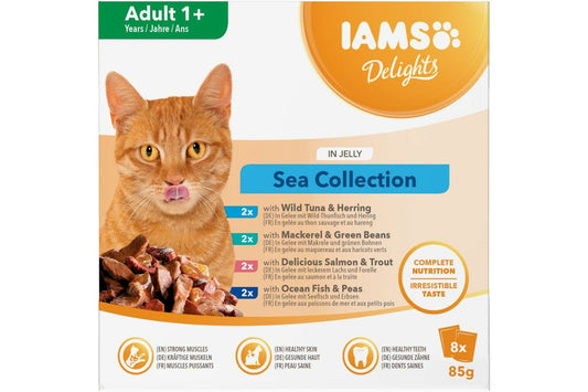  8 X Iams Delights Adult Cat Food Sea Collection In Jelly 85g