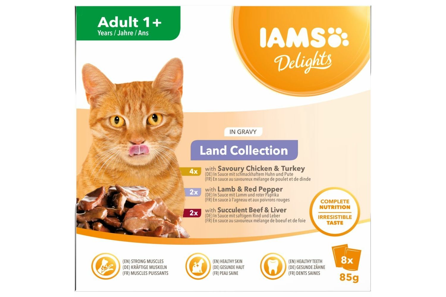  8 X Iams Delights Adult Cat Food Land Collection In Gravy 85g