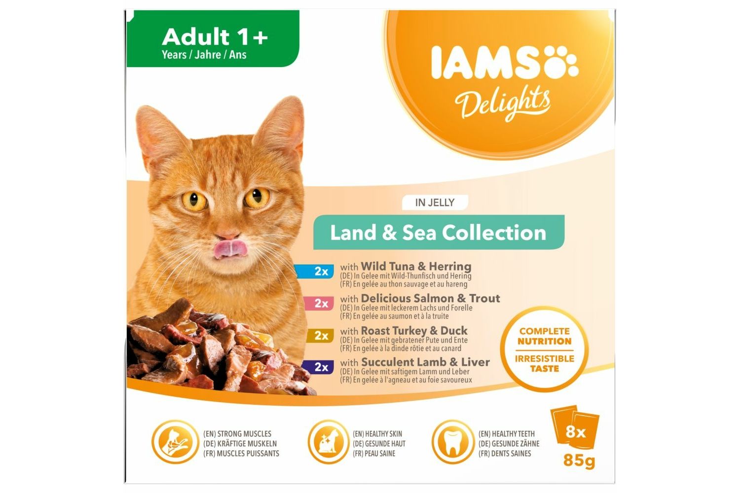  8 X Iams Delights Adult Cat Food Land & Sea Collection In Jelly 85g
