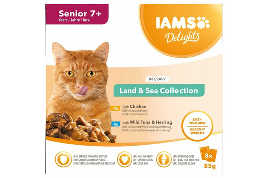 8 X Iams Delights Senior Cat Food Land & Sea Collection In Gravy 85g