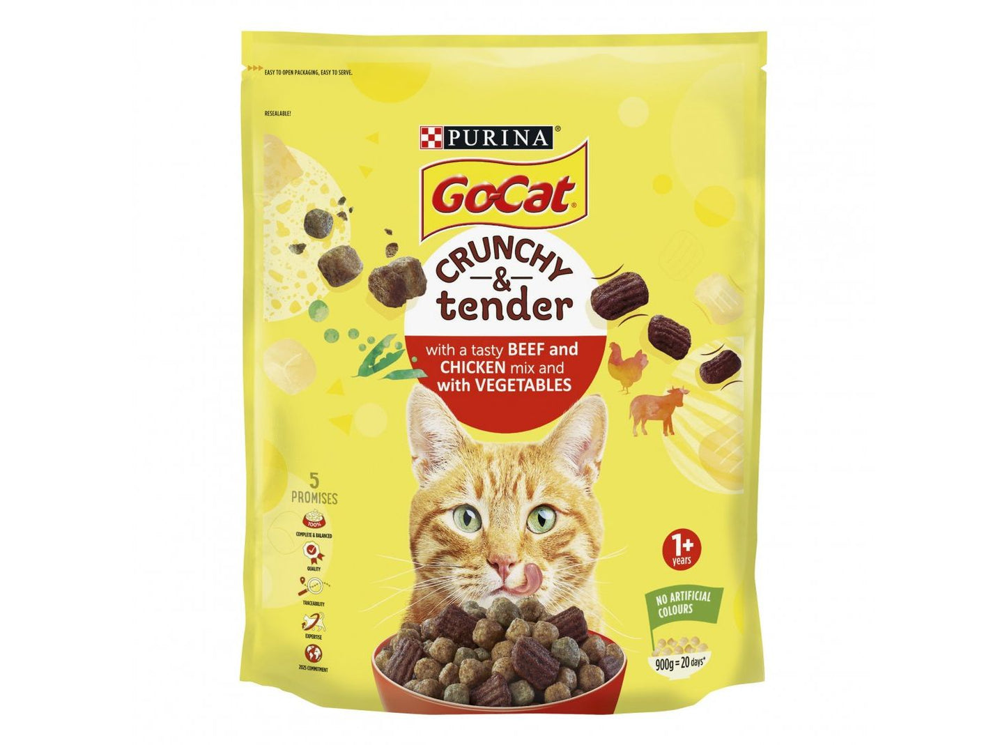  4 X Go-cat Crunchy & Tender Adult Cat Food With Beef Chicken & Vegetables 900g