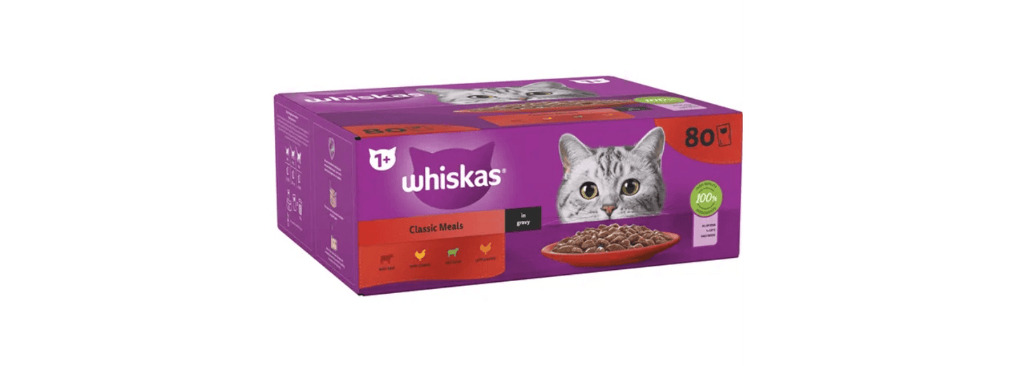  80 X Whiskas 1+ Adult Pouches Meaty Meals In Gravy Wet Cat Food 85g