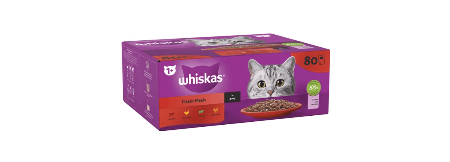  80 X Whiskas 1+ Adult Pouches Meaty Meals In Gravy Wet Cat Food 85g