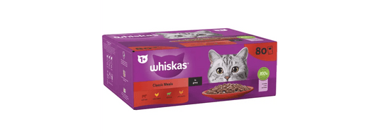  80 X Whiskas 1+ Adult Pouches Meaty Meals In Gravy Wet Cat Food 85g