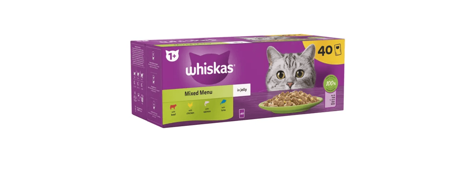 40 X Whiskas 1+ Adult Pouches Mixed Menu In Jelly Wet Cat Food 85g