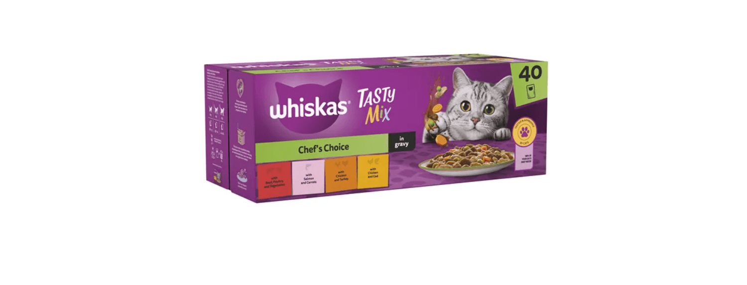  40 X Whiskas 1+ Adult Pouches Tasty Mix Chef Choice In Gravy Wet Cat Food 85g