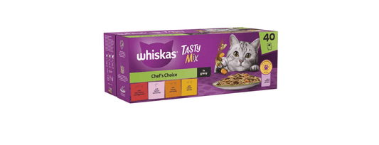  40 X Whiskas 1+ Adult Pouches Tasty Mix Chef Choice In Gravy Wet Cat Food 85g